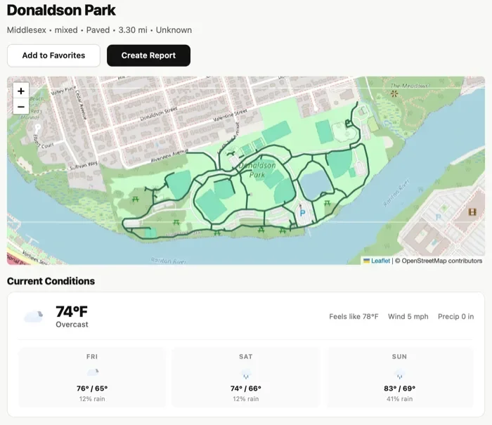 Trail detail page with map and current conditions